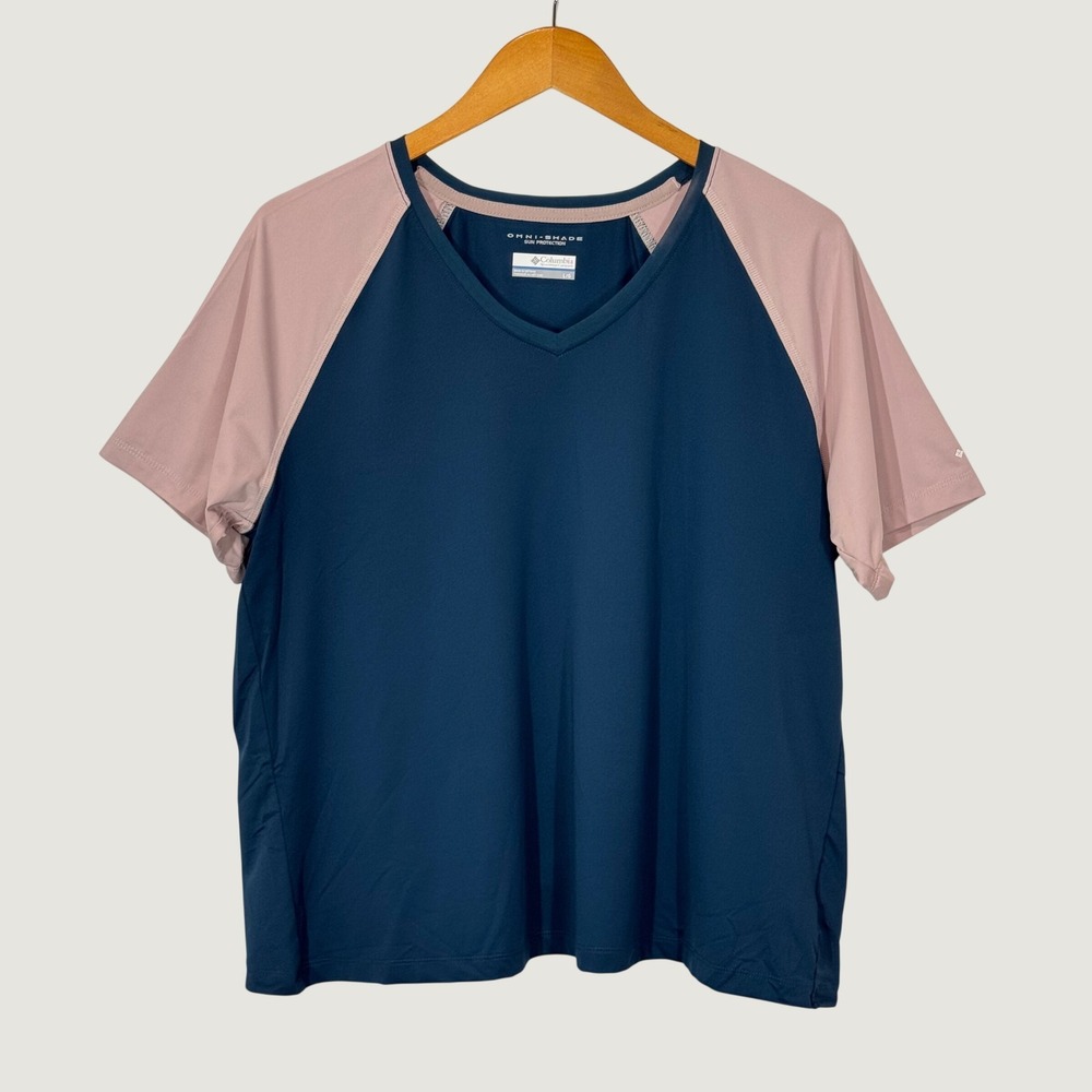Columbia Shirt Women L Blue Pink Omni-Shade Sun Protection Raglan V-Neck AK2604